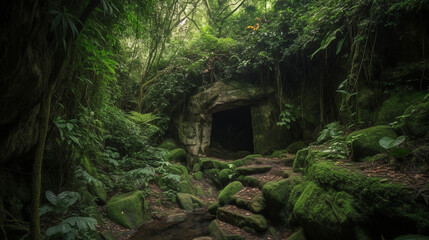 A secret cave entrance surrounded by lush vegetation and a meandering stream Generative AI