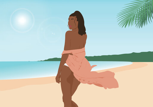 person on the beach. Girl on the beach. A girl without a face. Summer beach. A girl in a dress on the beach. Summer illustration with a girl. Summer vector illustration with beach