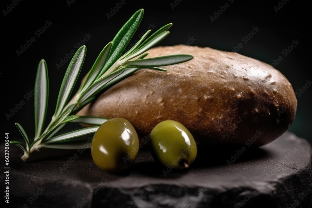 Poster olives and bread resting on a rocky surface generative ai
