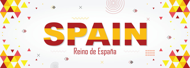 Spain nation banner abstract background, Spanish flag color combination for national celebrations and festivals, red and yellow color geometric design with shapes, Translation: Kingdom of Spain