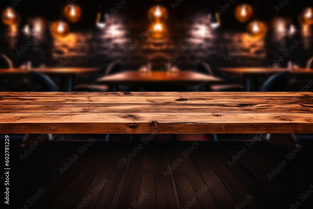 Poster an empty wooden table in a dimly lit room generative ai