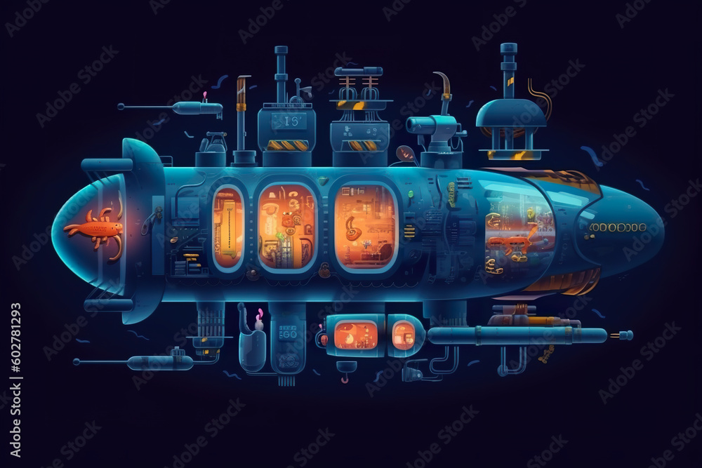 Poster a submarine that is floating in the water. generative ai.