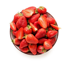 Bowl with fresh strawberries on white background