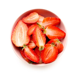 Bowl with fresh strawberries on white background