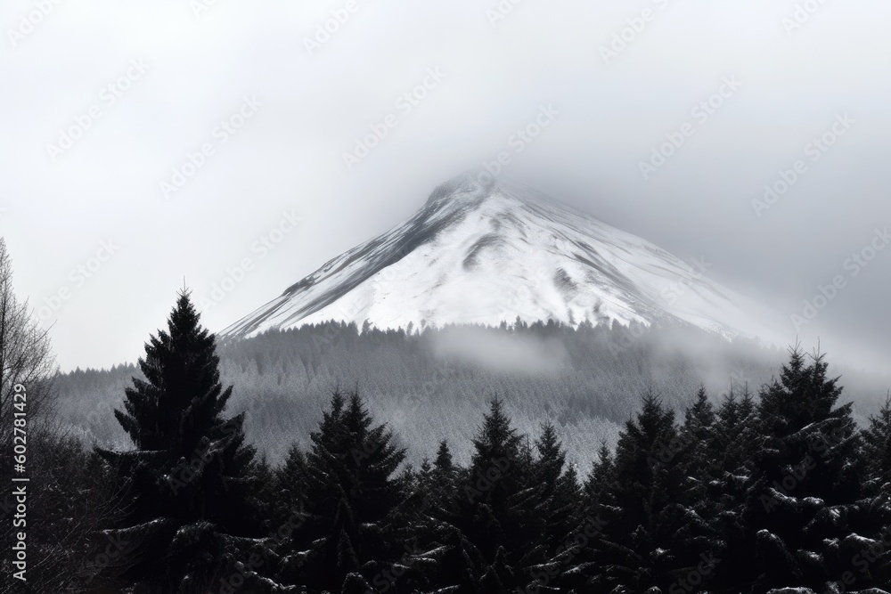 Poster snowy mountain with trees in the foreground generative ai