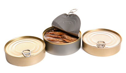 Canned smoked sprats on white background