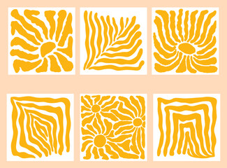 Matisse curves aesthetic. Groovy abstract patterns set. Floral doodles, botanical art. Fashionable organic floral style of naive retro hippies of the 60-70s. Vector background pink blue orange