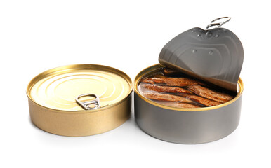 Canned smoked sprats on white background