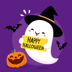 Cute ghost floating for Trick or Treat. Funny spooky boo character. Spook phantom with happy smiling face expression. Isolated kids flat vector illustration.