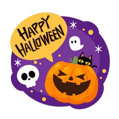 Happy halloween greeting card with cute pumpkin. Holidays cartoon character. Halloween pumpkin head vector.