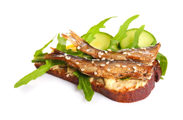 Tasty sandwich with canned smoked sprats on white background