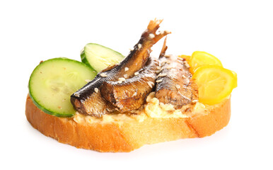 Tasty sandwich with canned smoked sprats on white background