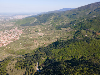 Aerial spring view of Rhodopes Mountain near town of Kuklen, Bulgaria