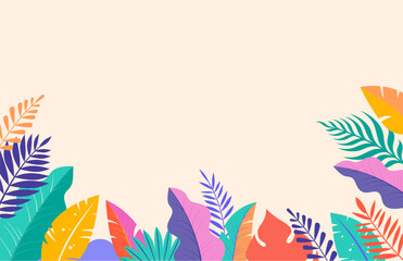 Fototapeta na wymiar Summer background, abstract design with tropical leaves, colorful shapes