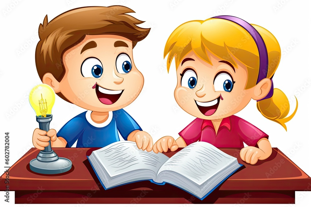 Poster two children studying together with a book and a lamp on the table generative ai