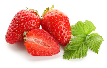 Fresh strawberries with leaves on white background