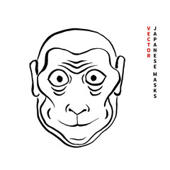 Vector image of an ancient Japanese mask. Theater Noh. Monkey. Hand drawing, ink, brush, doodle, sketch, black on white, graphics, calligraphy, minimalism, oriental culture. Eps10