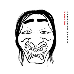 Vector image of an ancient Japanese mask. Theater Noh. Demon woman. Hand drawing, ink, brush, doodle, sketch, black on white, graphics, calligraphy, minimalism, tradition. Eps10