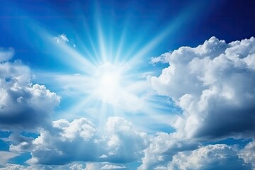 Naklejka na ściany i meble the sun rays breaking through fluffy white clouds against a blue sky backdrop Generative AI