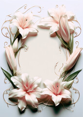 Floral frame with lilies and leaves.Card or invitation template.Botanical border.