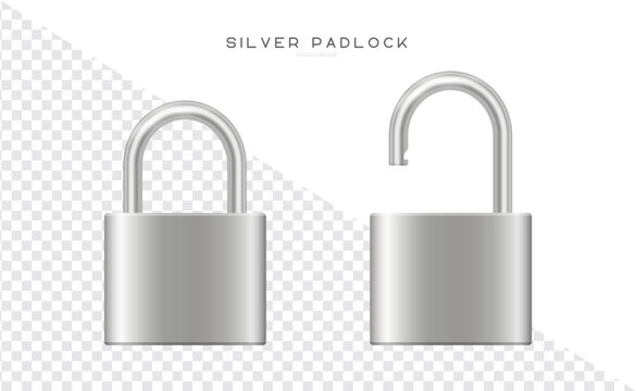 Metallic padlocks set. Steel silver closed and open padlock. Realistic vector locks illustration