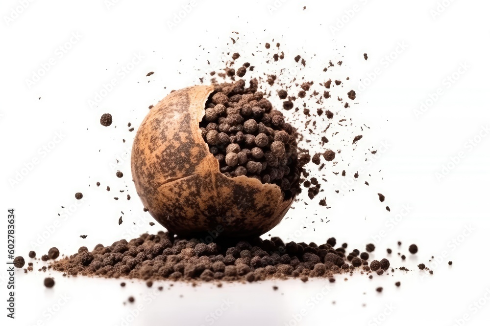 Poster stack of chocolate chips with a chocolate sphere on top generative ai