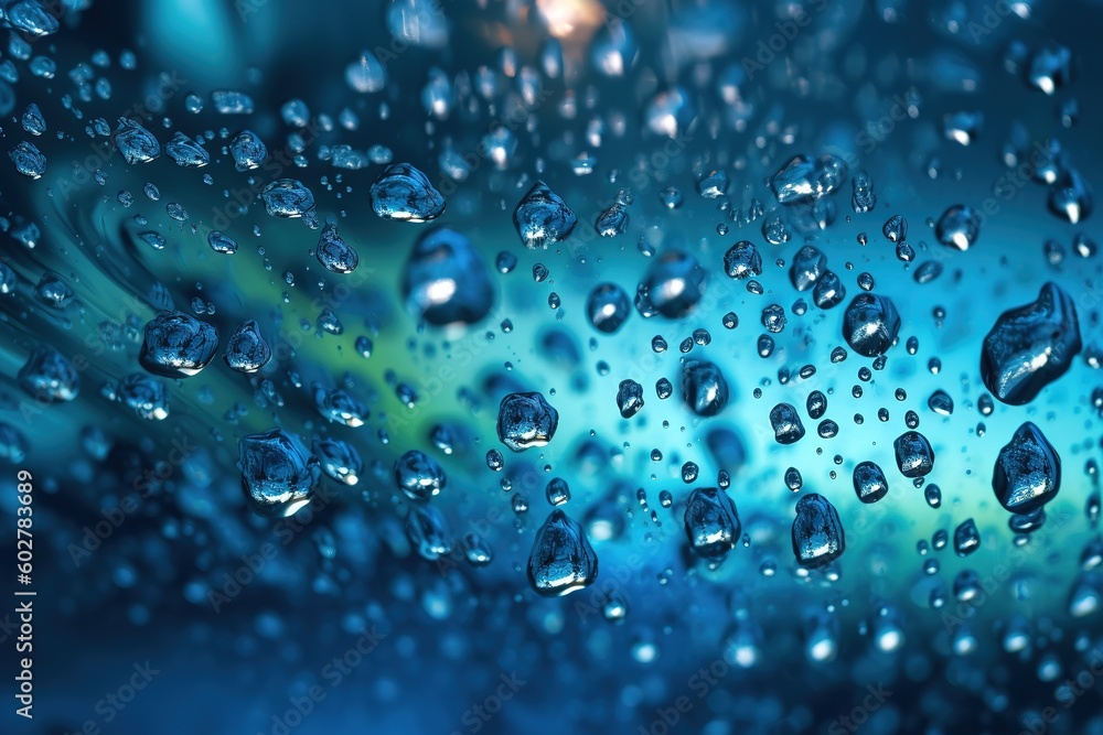 Poster a magnified view of water droplets on a window in close-up. generative ai