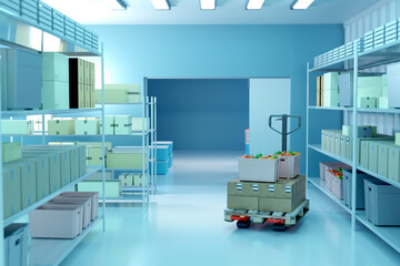 Restaurant storage. Cafe warehouse. Vegetable storage with boxes. Pallet jack in storehouse....