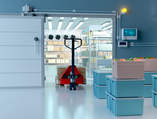 Refrigeration warehouse. Supermarket store interior. Gateway industrial refrigerator. Boxes with vegetables in refrigerator. Pallet jack near cold chamber. Supermarket warehouse with no one. 3d image