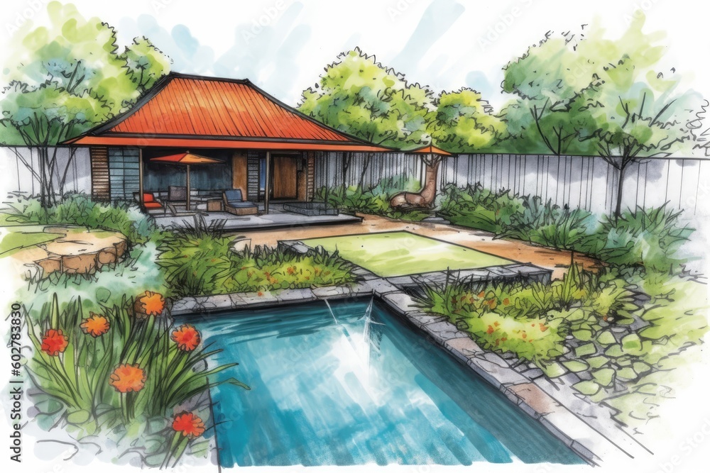 Poster serene garden with a sparkling pool as the centerpiece generative ai