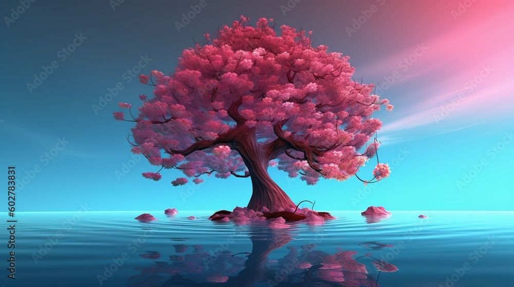 Poster a picture of a pink tree floating in the ocean as an example generative ai