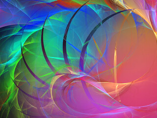 Composición de arte imaginario digital consistente en rayas elípticas paralelas sobre un fondo multicolor difuminado mostrando algo similar a una caracola galáctica de energías envolventes.