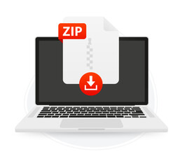 Download the laptop screen label icon ZIP. Document upload concept. View, read, download ZIP file on laptops and mobile devices. Banner for business, marketing and advertising. Vector illustration