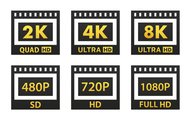 Set of screen resolution icons. Video quality symbol. HD, Full HD, 2K, 4K, 8K resolution icons. High definition display resolution icon standard. Film strip. Vector illustration