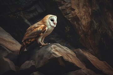 an owl perched on a rocky ledge inside a cave Generative AI