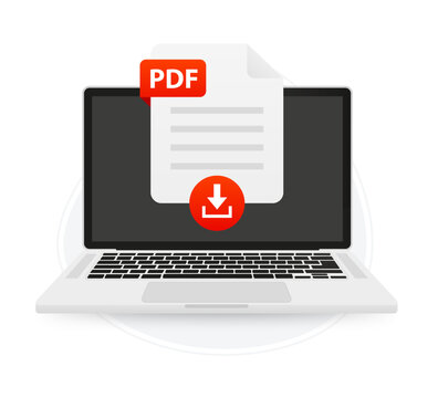 Download the laptop screen label icon PDF. Document upload concept. View, read, download PDF file on laptops and mobile devices. Banner for business, marketing and advertising. Vector illustration