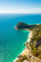 Fototapeta na wymiar Beautiful aerial view of Saraceni Bay beach from Sentiero del Pellegrino, Liguria, Italy