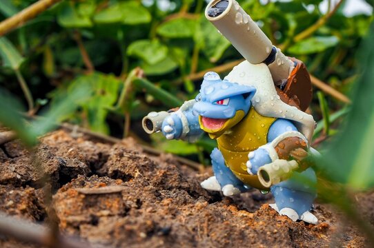 May 11 2023 - Figure   Kamex (Blastoise) Pokemon - Toy Photography - Blastoise is walking through the forest in the rain.