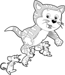 sketch cartoon scene with happy cat doing something playing isolated illustration for kids