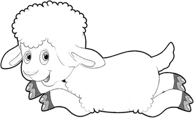 sketch cartoon scene with funny looking farm sheep smiling illustration for children