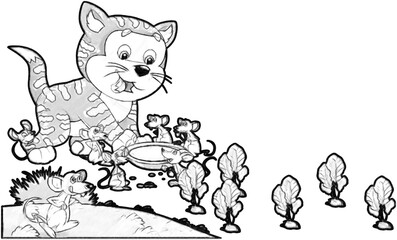 sketch cartoon scene with happy cat doing something playing isolated illustration for kids