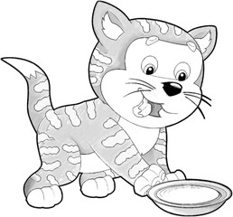 sketch cartoon scene with happy cat doing something playing isolated illustration for kids