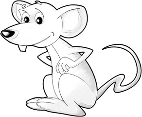 sketch cartoon scene with happy farm rat mouse having fun isolated illustration for children