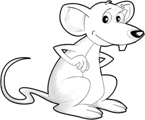 sketch cartoon scene with happy farm rat mouse having fun isolated illustration for children