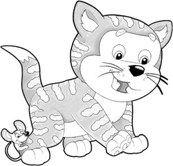 sketch cartoon scene with happy cat doing something playing isolated illustration for kids