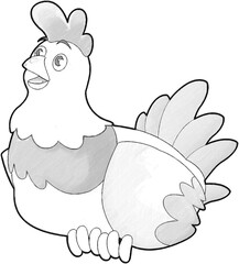 sketch cartoon scene with happy farm chicken hen illustration for children
