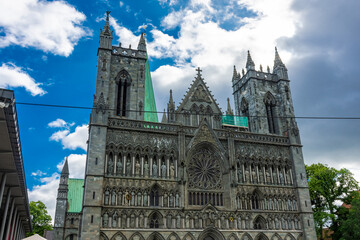 Fototapeta na wymiar Facade of the gothic Nidaros Cathedral of Trondheim, Norway