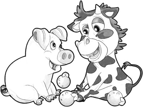 sketch cartoon scene with funny looking cow calf and pig playing together illustration for kids