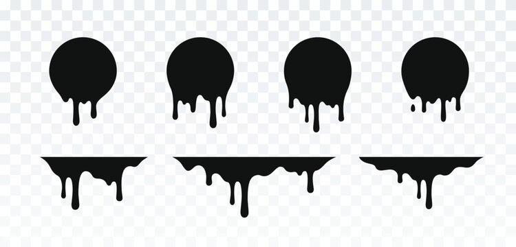 Drip set of oil, sauce or paint isolated on white background. Black chocolate melt liquid splash borders. Vector ink drops patterns.
