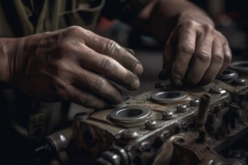 Obraz na płótnie Canvas Mechanic's Hands, Expertly Working on an Engine